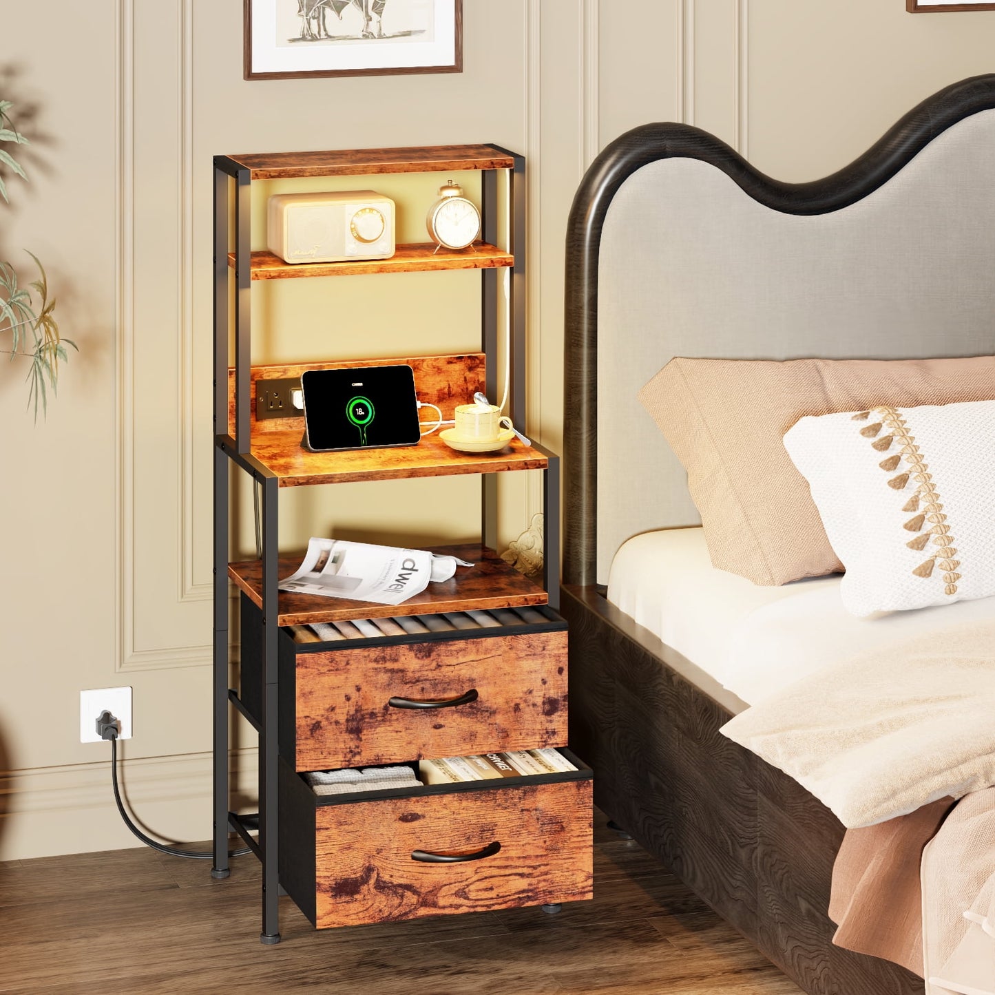 Satifur Tall LED Nightstand,Bedside Table with Charging Station,2 Fabric Drawers & Shelfs for Bedroom Living Room,Rustic Brown
