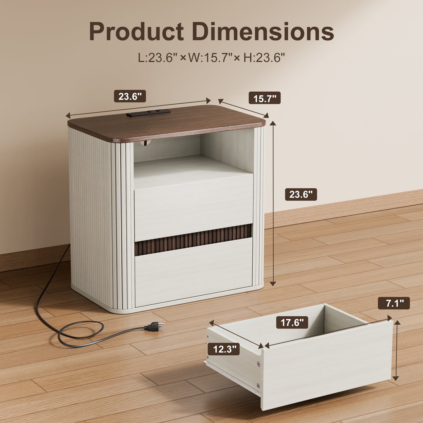 Satifur Wooden Nightstand Set of 2 with Charging Station, 2 Drawers Bedside Table, Storage End Table for Bedroom Living Room, Off-White