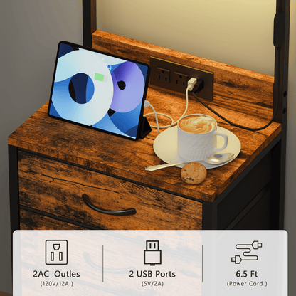 Satifur Tall Nightstand with Charging Station and Drawers, Bedside Table with 4 Fabric Drawers, LED Lights, and 2 Storage Shelves, Rustic Brown