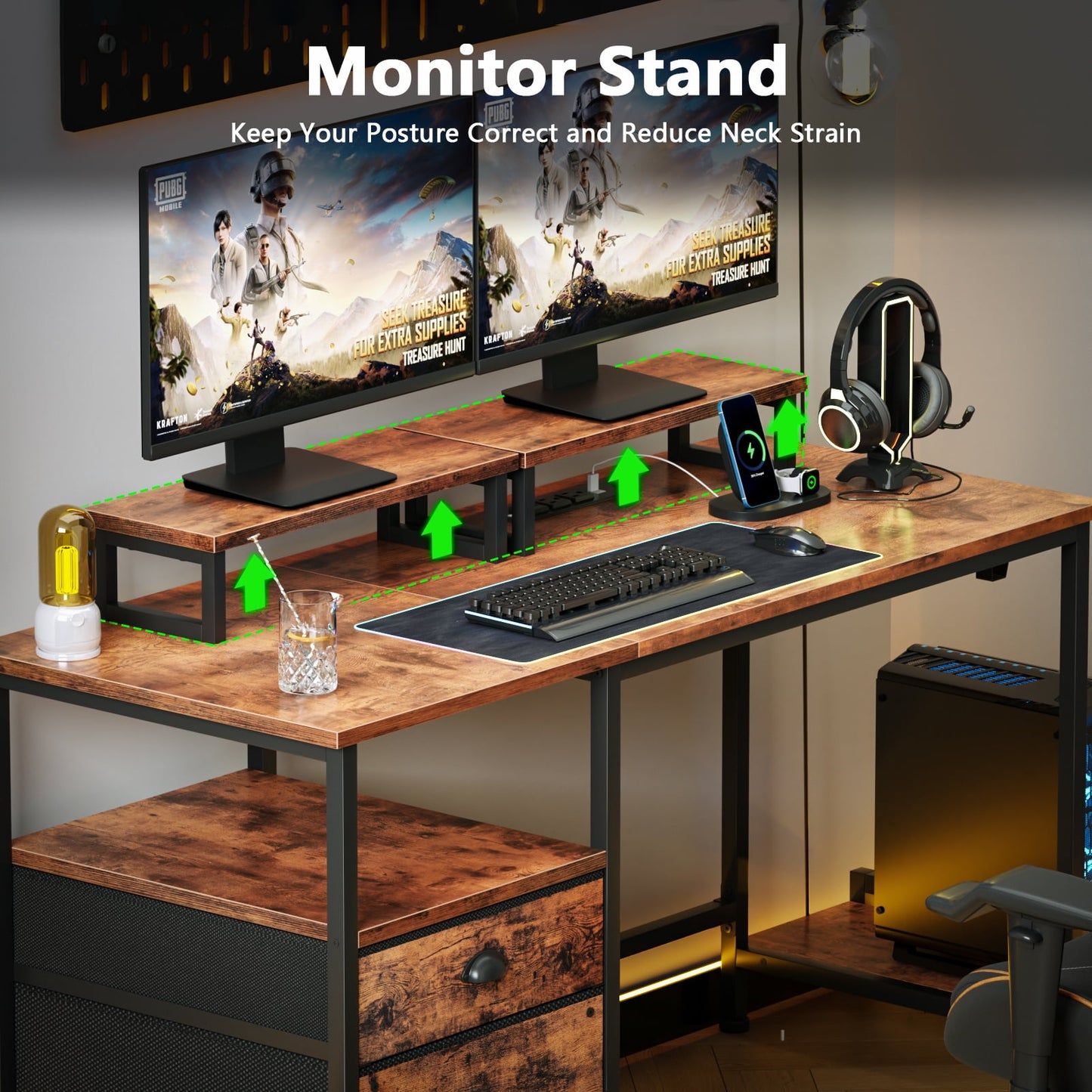 Satifur Office Desk with Drawers & Charging Station, Gaming Desk with Movable Monitor Stands, Corner Desk with Storage Shelves & File Cabinet, Rustic Brown