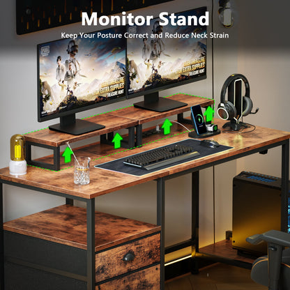 Satifur Office Desk with Drawers & Charging Station, Gaming Desk with Movable Monitor Stands, Corner Desk with Storage Shelves & File Cabinet, Rustic Brown