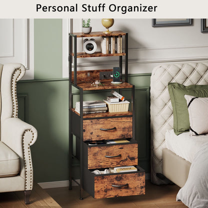 Satifur Tall Nightstand with Charging Station and LED Lights, Bedside Table with Bookshelf,3 Fabric Drawers, Rustic Brown