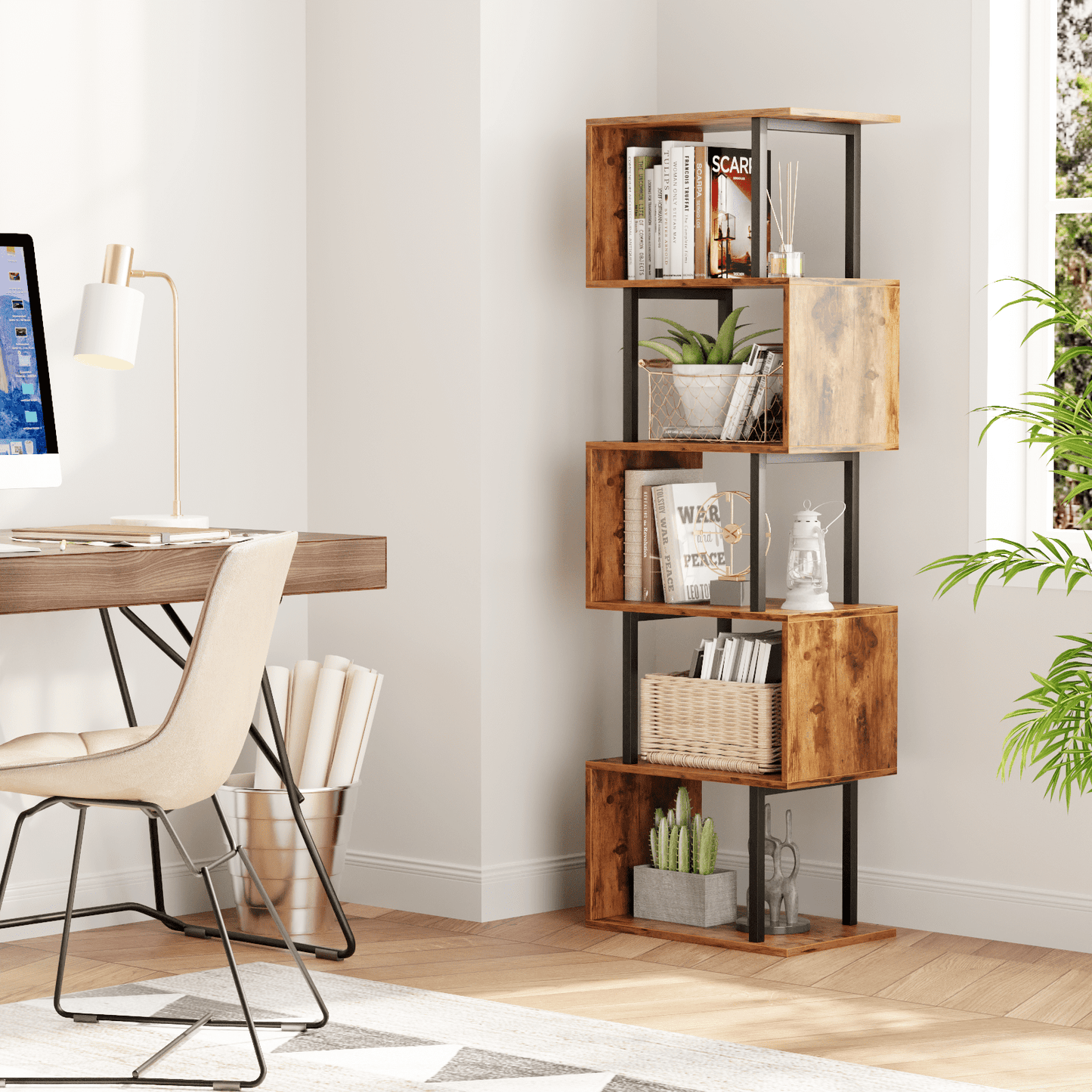 Satifur 5-Tier S-Shaped Geometric Bookcase, Industrial Freestanding Storage Shelving Unit,Rustic Brown