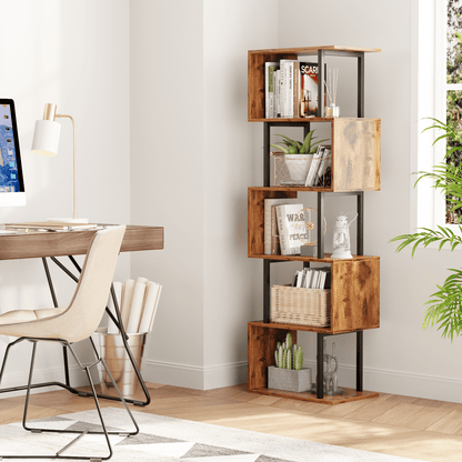 Satifur 5-Tier S-Shaped Geometric Bookcase, Industrial Freestanding Storage Shelving Unit,Rustic Brown