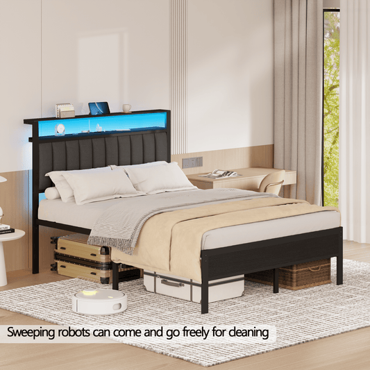 Tydimor King Size Metal Smart Bed Frames with Upholstered Headboard, LED Lights, USB Ports and Outlets, Storage Shelves & Underbed