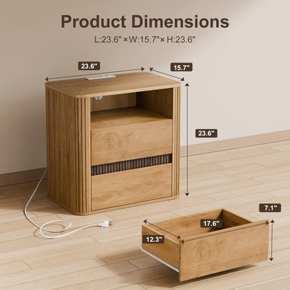 Satifur Wooden Nightstand Set of 2 with Charging Station, 2 Drawers Bedside Table, Storage End Table for Bedroom Living Room, Natural Wood