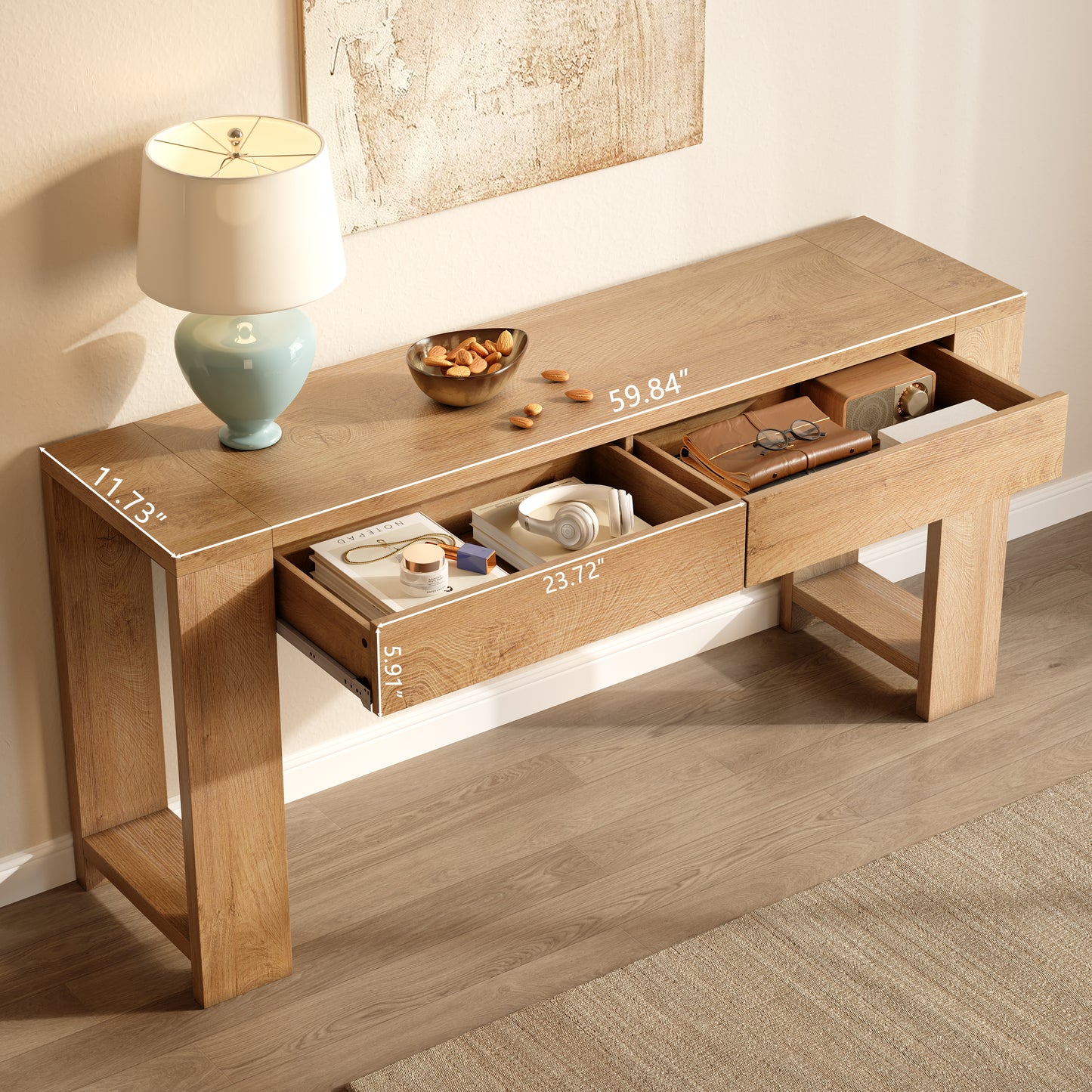 Satifur 60 Inch Wooden Console Table, Narrow Sofa Table Behind Couch with 2 Storage Drawers & 1.38" Thickened Tabletop, Long Entryway Table for Living Room Hallway, Natural Oak