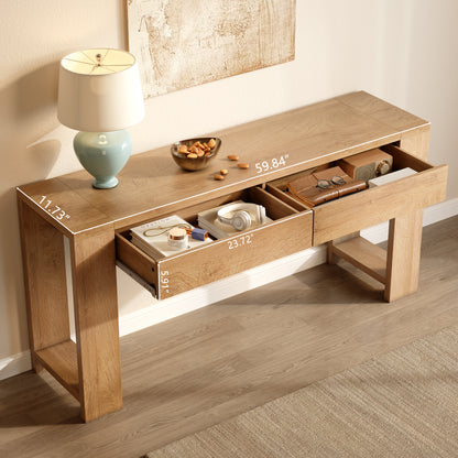 Satifur 60 Inch Wooden Console Table, Narrow Sofa Table Behind Couch with 2 Storage Drawers & 1.38" Thickened Tabletop, Long Entryway Table for Living Room Hallway, Natural Oak