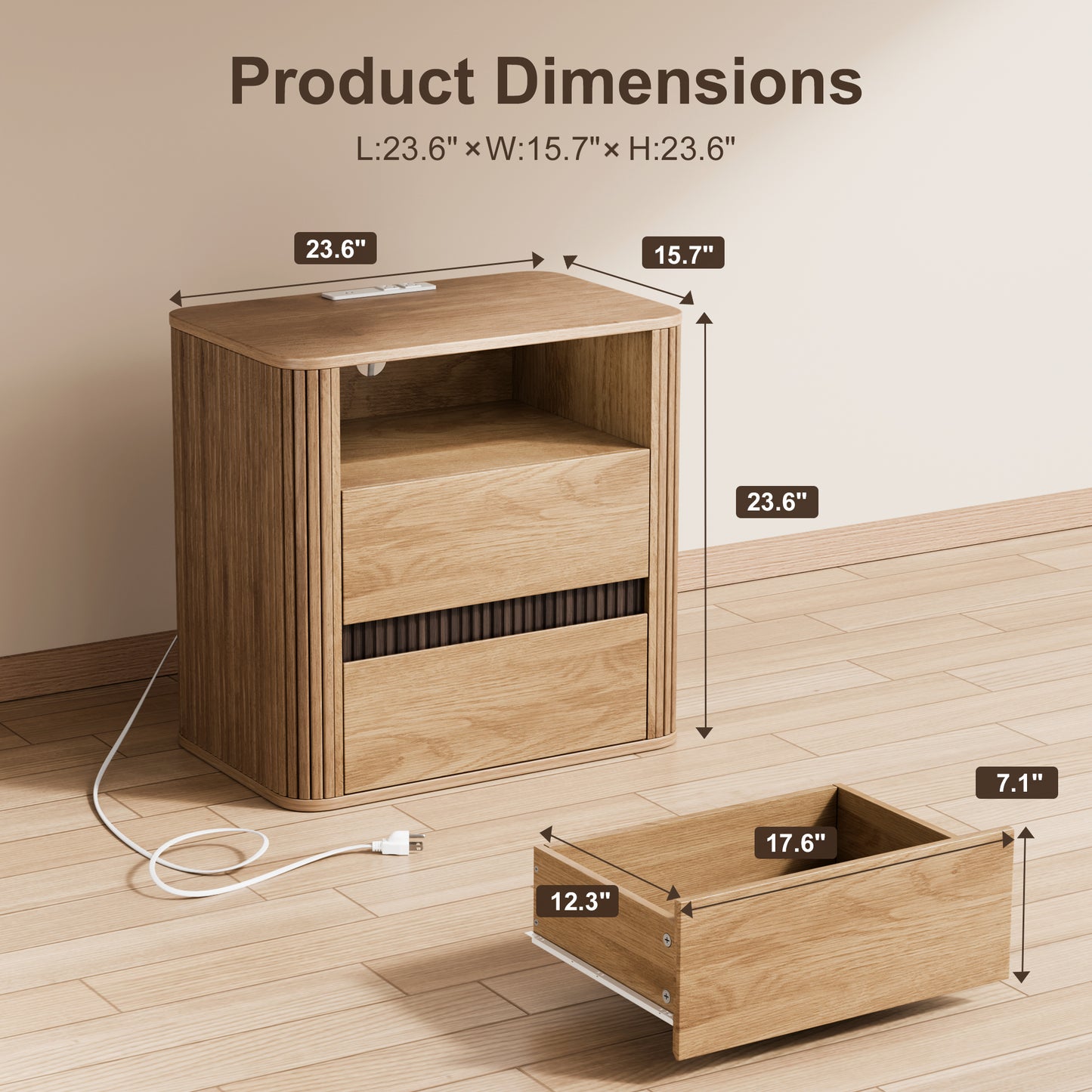 Satifur Wooden Nightstand with Charging Station, 2 Drawers Bedside Table, Storage End Table for Bedroom Living Room, Oak