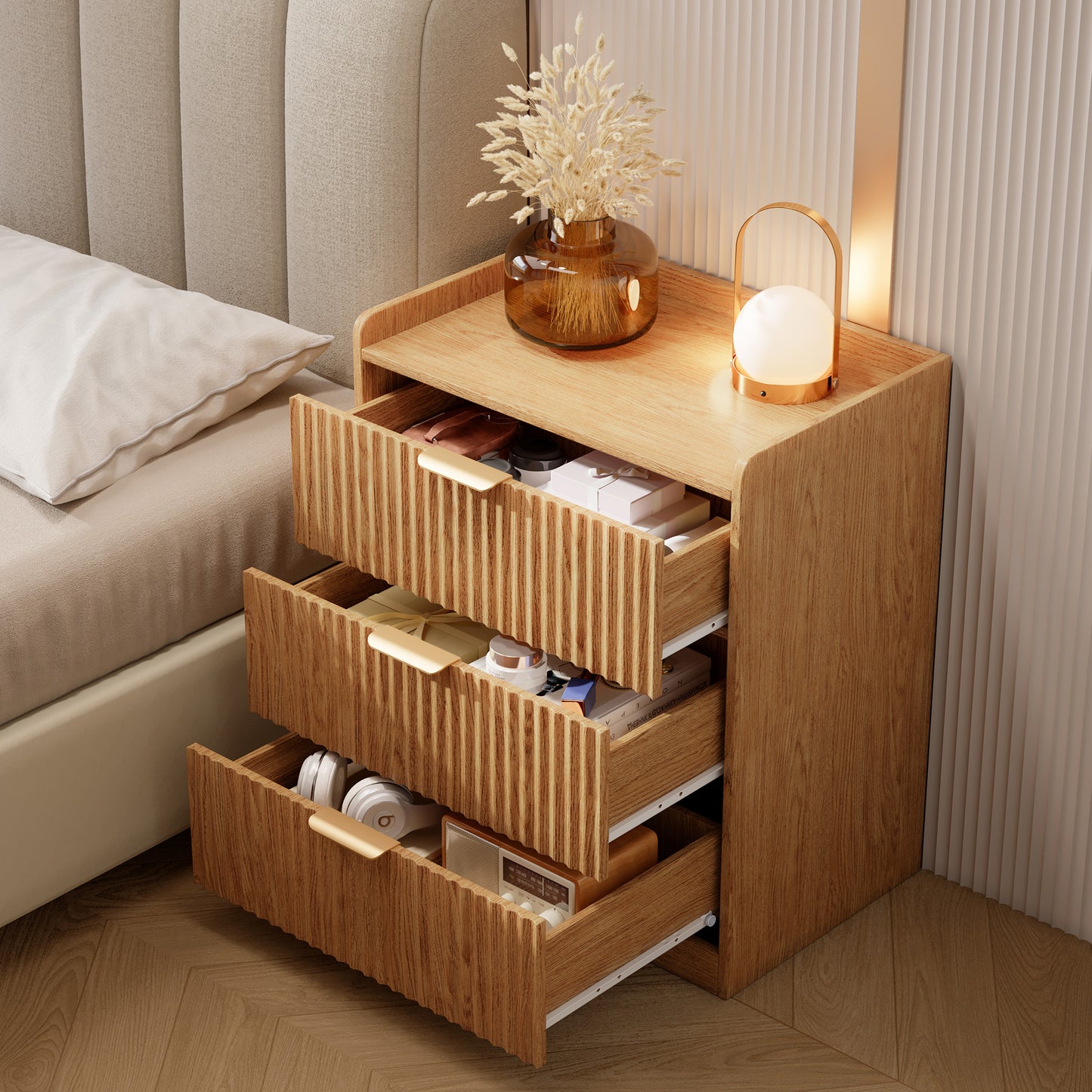 Tydimor Modern Nightstand with 3 Wooden Drawers, Bedside Table for Living Room, Wooden Finish,Set of two