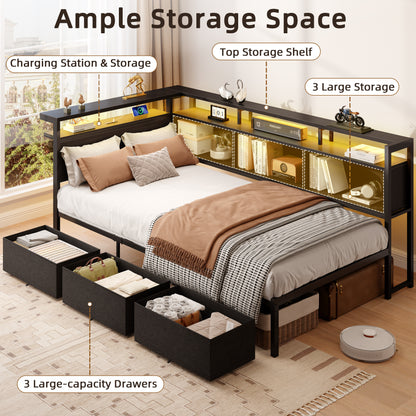 Satifur Twin Bed Frame with L-Shaped LED Headboard, Charging Station & 3 Storage Drawers, Metal Platform Bed with Storage Shelves & Wooden Slats, Black Wood Grain