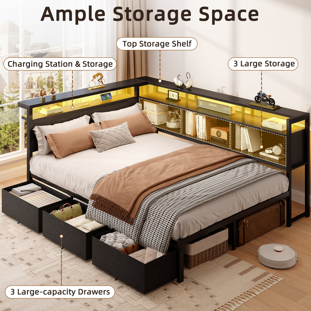 Satifur Full Bed Frame with L-Shaped LED Headboard, Charging Station & 3 Storage Drawers, Metal Platform Bed with Storage Shelves & Wooden Slats, Black Wood Grain