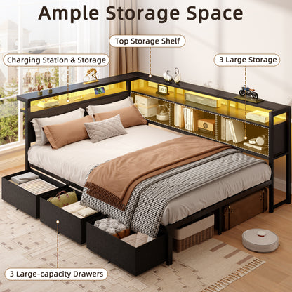 Satifur Full Bed Frame with L-Shaped LED Headboard, Charging Station & 3 Storage Drawers, Metal Platform Bed with Storage Shelves & Wooden Slats, Black Wood Grain