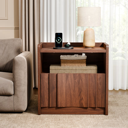 Satifur Nightstand with Charging Station, 1‑Drawer Bedside Table with Open Storage Shelf, Built‑in 2 AC Outlets USB‑A & Type‑C Power Station, CARB P2 MDF End Table for Bedroom Living Room