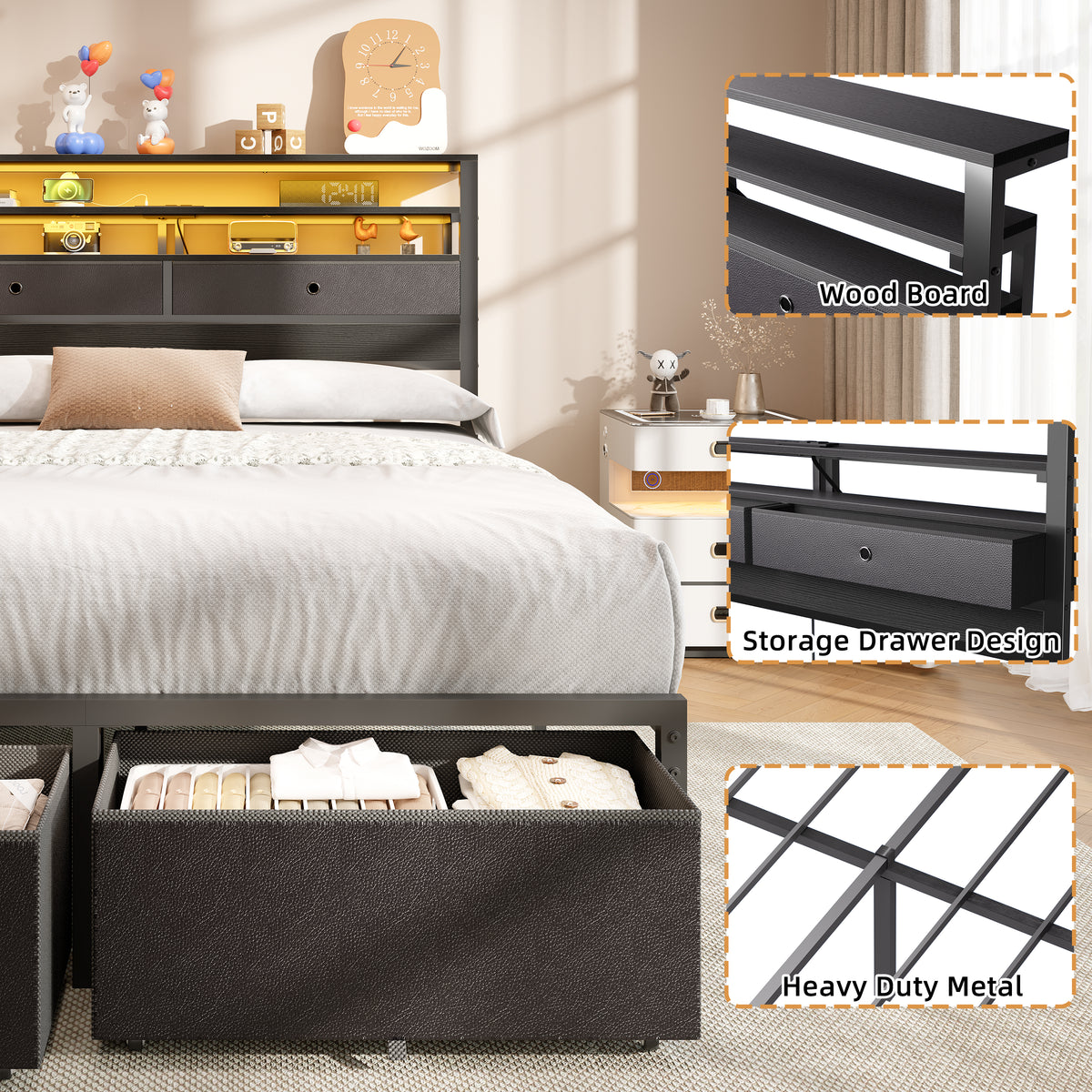 Satifur LED Queen Bed Frame with Storage Headboard and Drawers,Heavy Duty Platform Bed with Charging Station, No Box Spring Needed