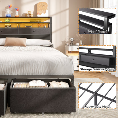 Satifur LED Queen Bed Frame with Storage Headboard and Drawers,Heavy Duty Platform Bed with Charging Station, No Box Spring Needed