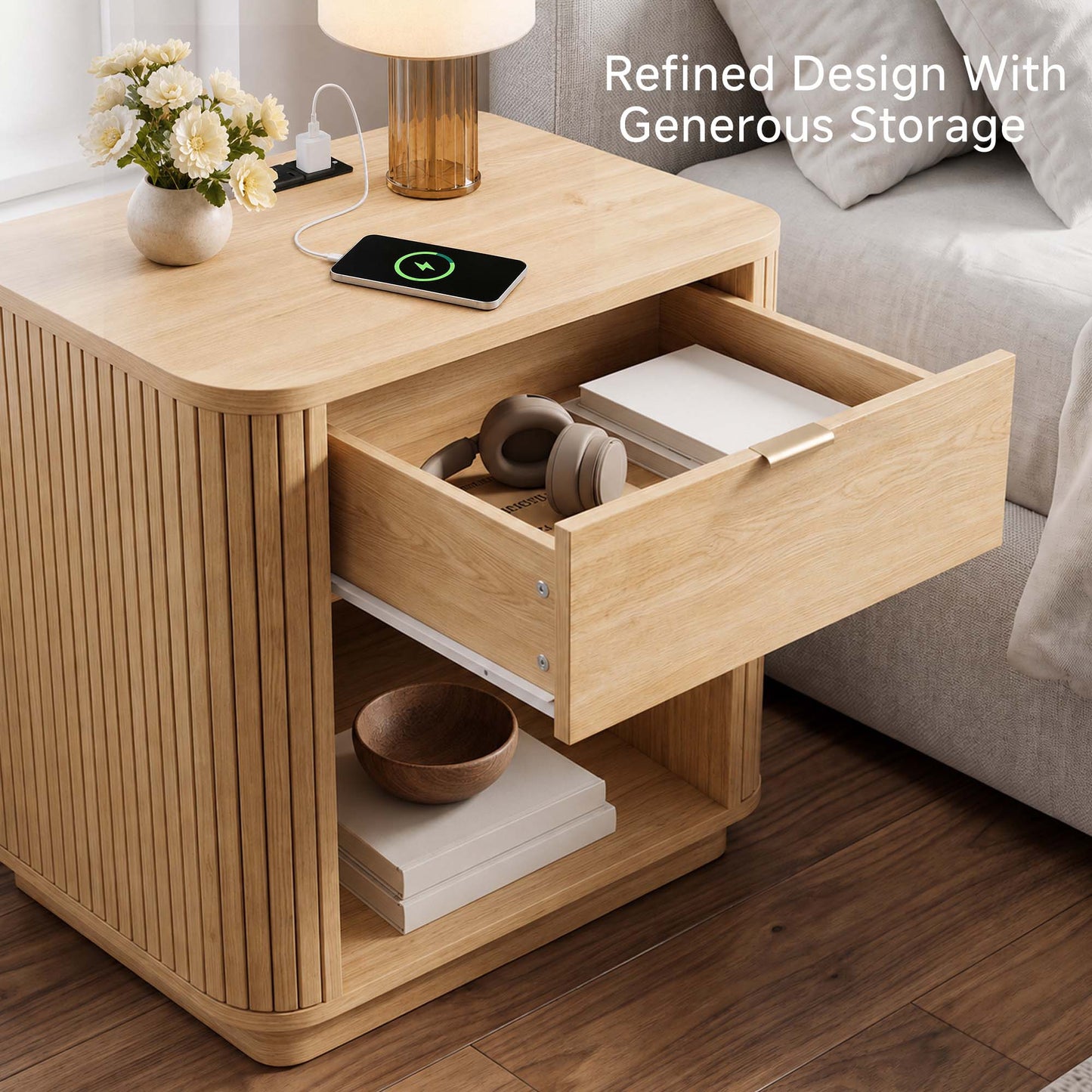 Satifur Wooden Nightstand with Charging Station, 1 Drawer Fluted Night Stand with Storage, Modern Bedside Table End Table for Bedroom Living Room, Natural