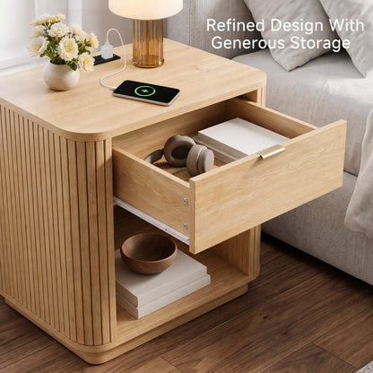 Satifur Wooden Nightstand with Charging Station, 1 Drawer Fluted Night Stand with Storage, Modern Bedside Table End Table for Bedroom Living Room, Natural