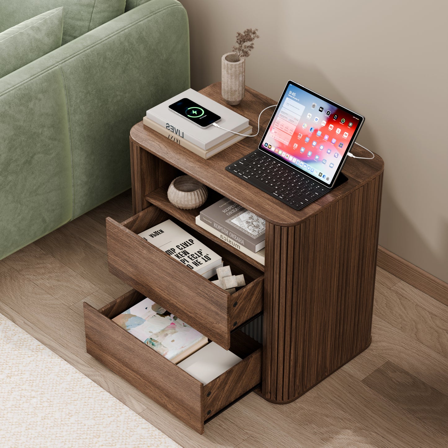 Satifur 2-Drawer Fluted Nightstand, Wood Bedside Table with Charging Station, End Table for Living Room Bedroom,Walnut,Set of 2