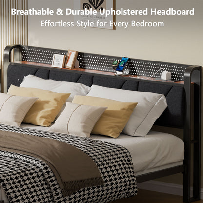 Satifur King Bed Frame with Upholstered Storage Headboard, Metal Platform Bed Station with Charging Station & LED, Noise-Free.No Box Spring Needed