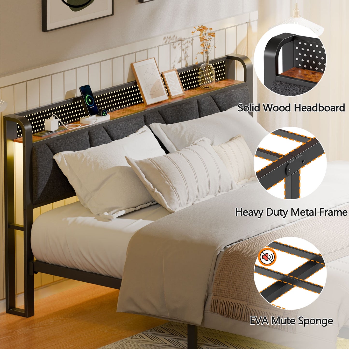 Satifur King Bed Frame with Upholstered Storage Headboard, Metal Platform Bed Station with Charging Station & LED, Noise-Free.No Box Spring Needed
