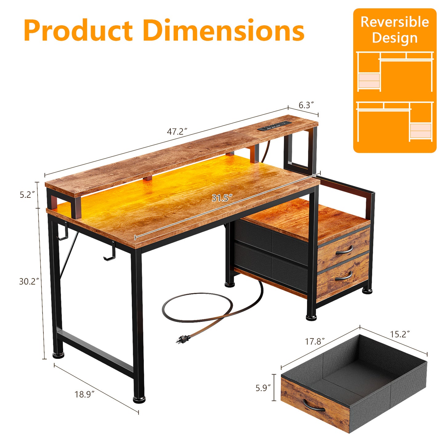 Satifur 47" Smart RGB Gaming Desk with App-Controlled Light Strip, Reversible Drawers & Built-in Charging Station,Rustic Brown