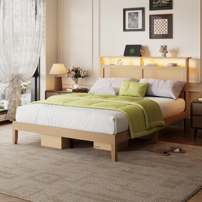 Tydimor Queen Bed Frame with Headboard & Bookcase Storage Shelf, Rattan Beds with Charging Station and LED Lights, No Box Spring Needed