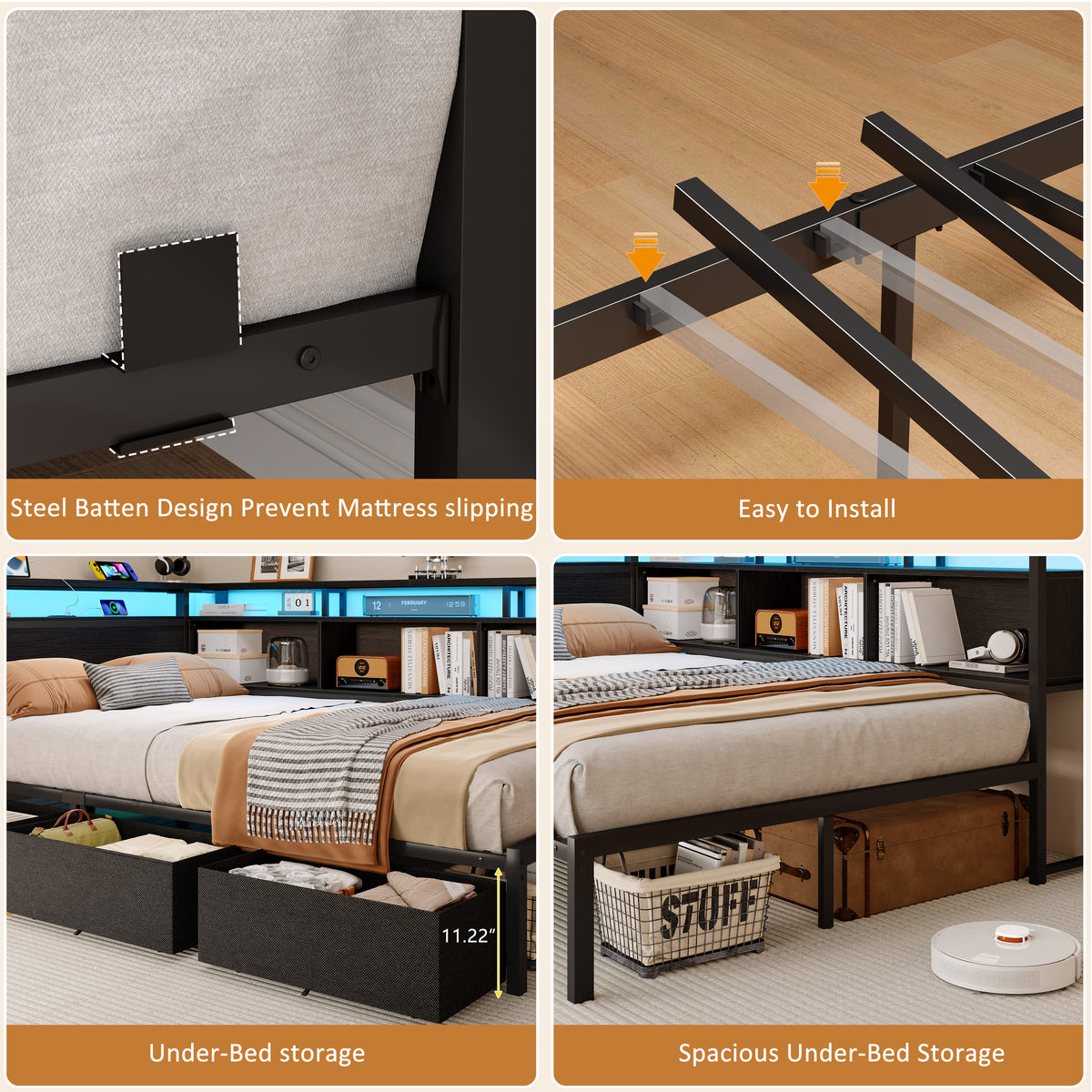 Satifur Full Bed Frame with L-Shaped LED Headboard, Charging Station & 3 Storage Drawers, Metal Platform Bed with Storage Shelves & Wooden Slats, Black Wood Grain