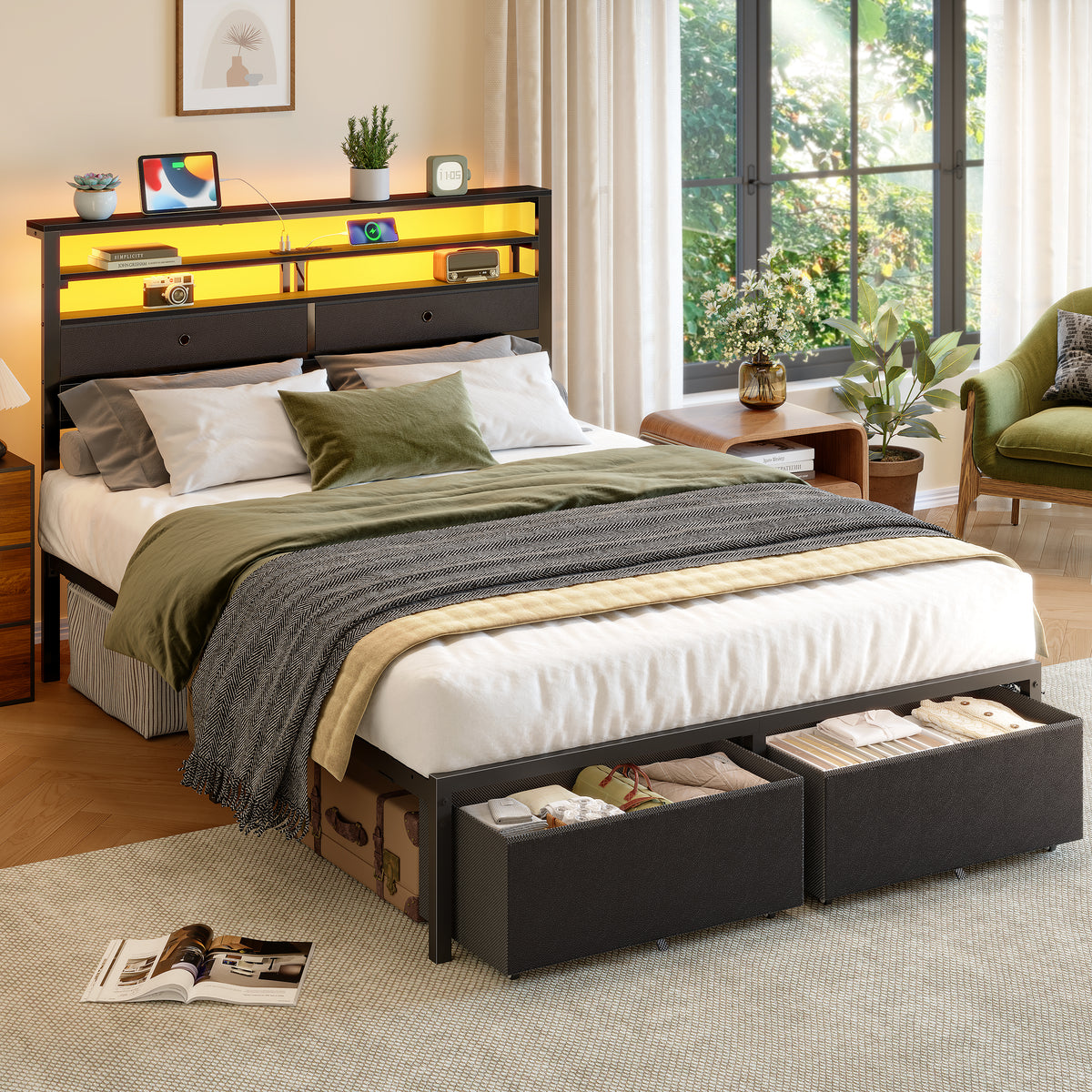 Satifur LED Full Bed Frame with Storage Headboard and Drawers,Heavy Duty Platform Bed with Charging Station, No Box Spring Needed