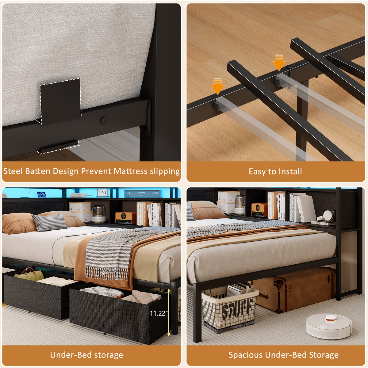 Satifur Twin Bed Frame with L-Shaped LED Headboard, Charging Station & 3 Storage Drawers, Metal Platform Bed with Storage Shelves & Wooden Slats, Black Wood Grain