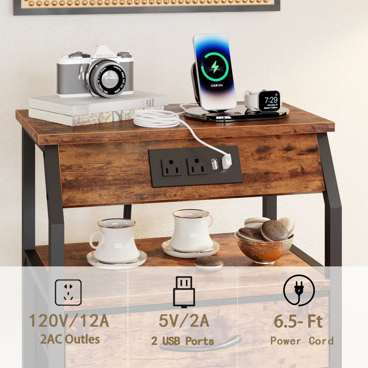 Satifur Nightstand with Charging Station, Bedside Dresser with 5 Fabric Drawers and Storage Shelves for Bedroom, Rustic Brown