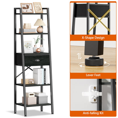 Tydimor 5-Tier 59.5" Ladder Bookshelf with Removable Drawers Narrow Bookcase for Living Room,Black Oak