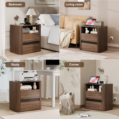 Satifur 2-Drawer Fluted Nightstand, Wood Bedside Table with Charging Station, End Table for Living Room Bedroom,Walnut,Set of 2
