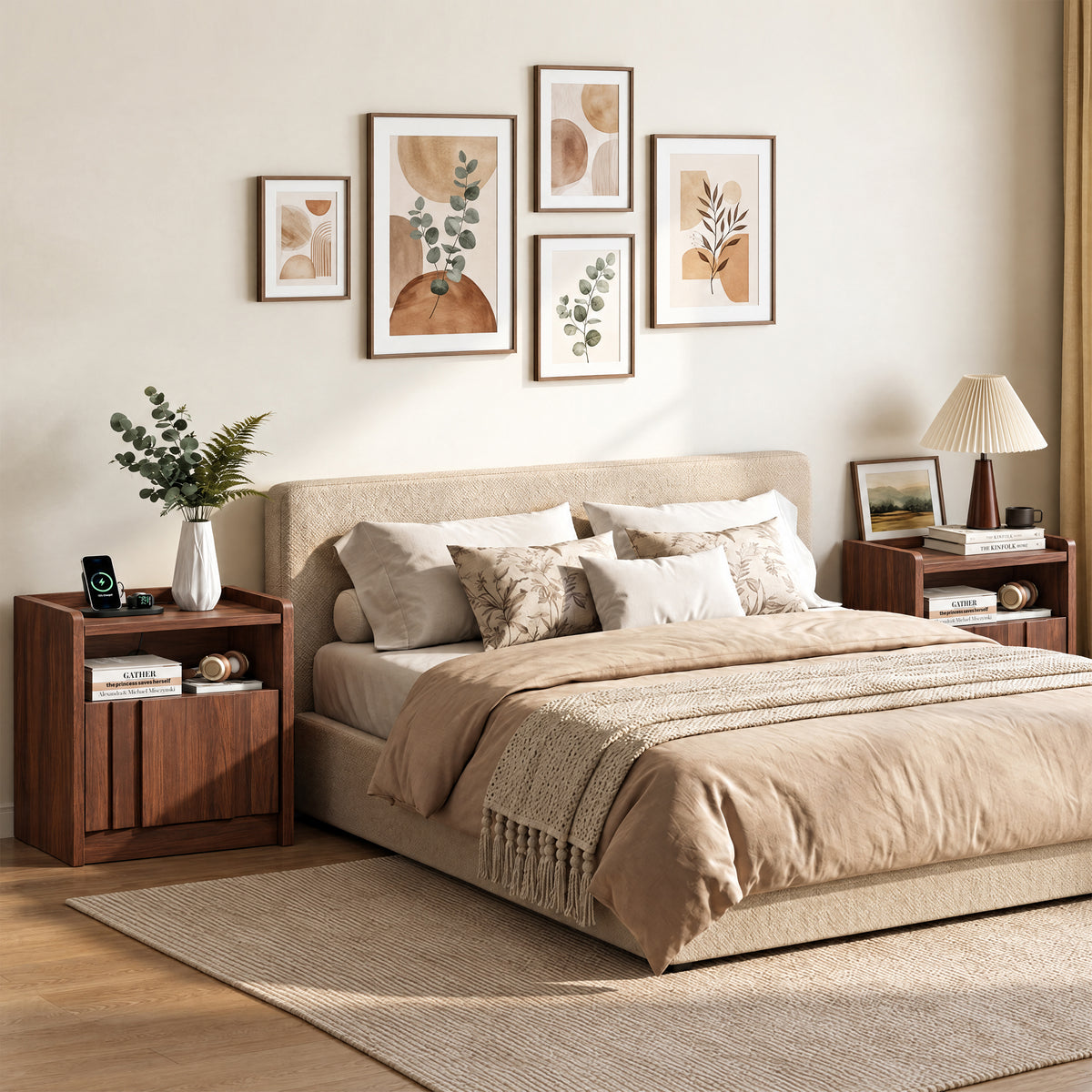 Satifur Set of 2 Nightstands with Charging Station, 1‑Drawer Bedside Tables with Open Storage Shelf, Built‑in 2 AC Outlets USB‑A & Type‑C Power Station, CARB P2 MDF End Tables for Bedroom Living Room