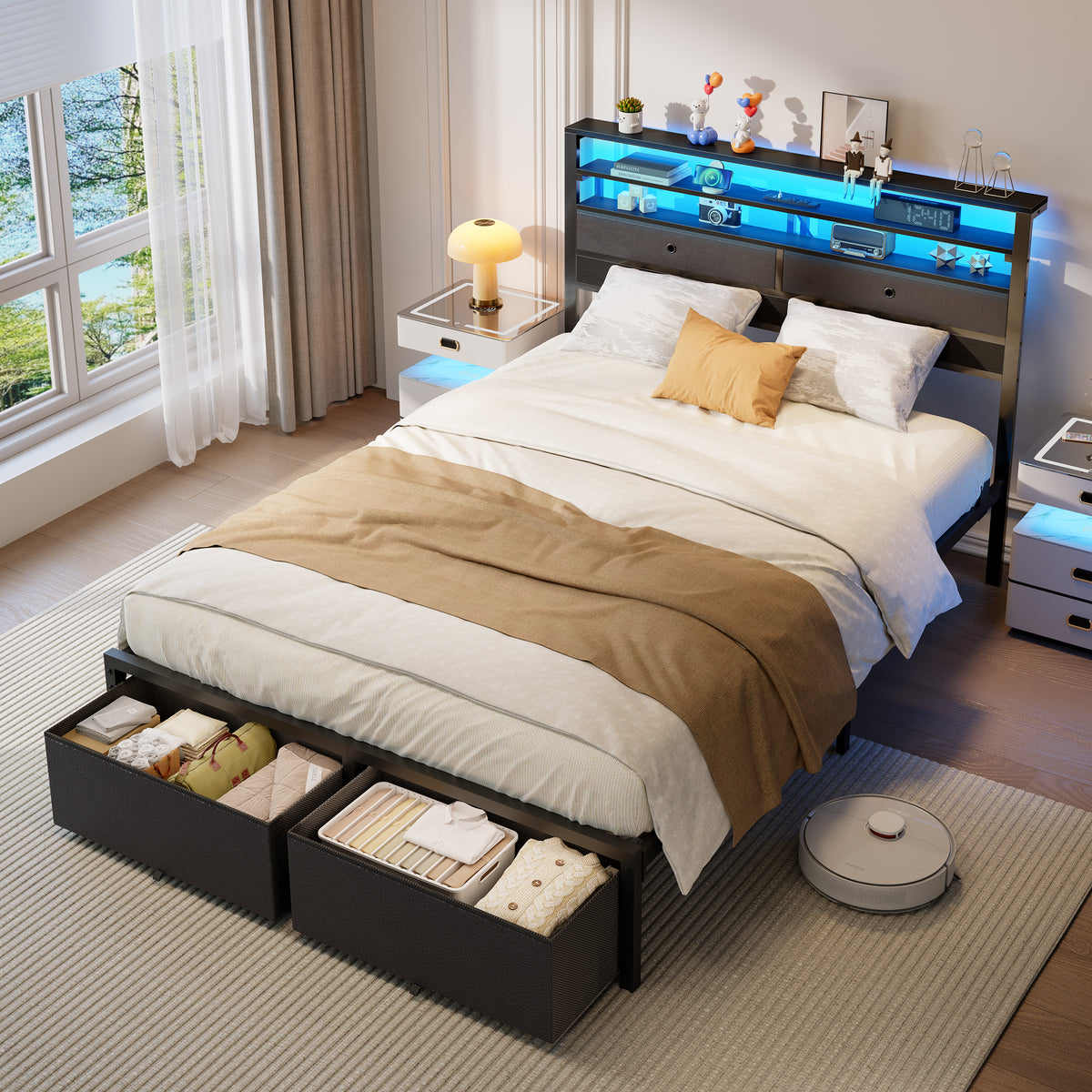 Satifur LED Full Bed Frame with Storage Headboard and Drawers,Heavy Duty Platform Bed with Charging Station, No Box Spring Needed