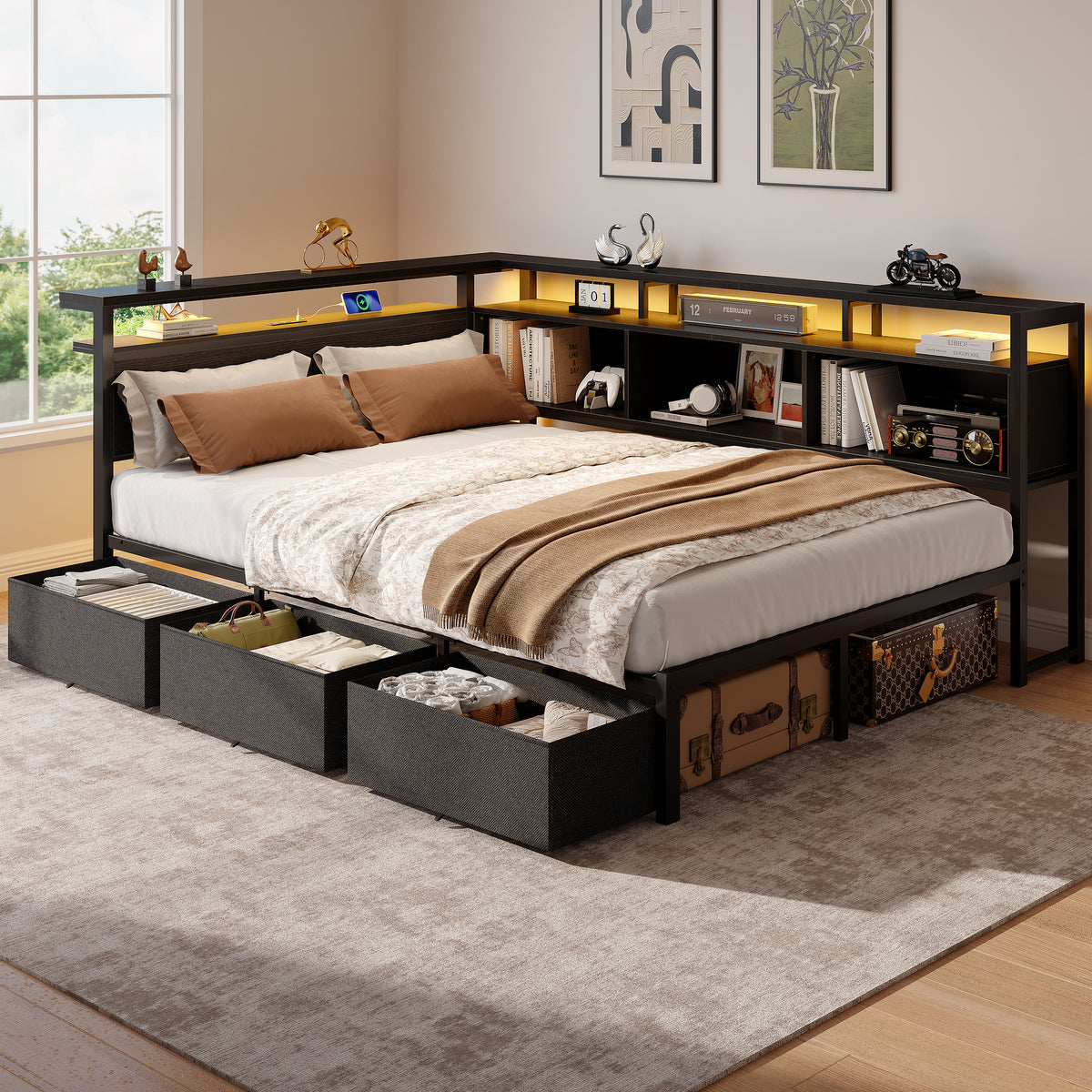 Satifur Full Bed Frame with L-Shaped LED Headboard, Charging Station & 3 Storage Drawers, Metal Platform Bed with Storage Shelves & Wooden Slats, Black Wood Grain