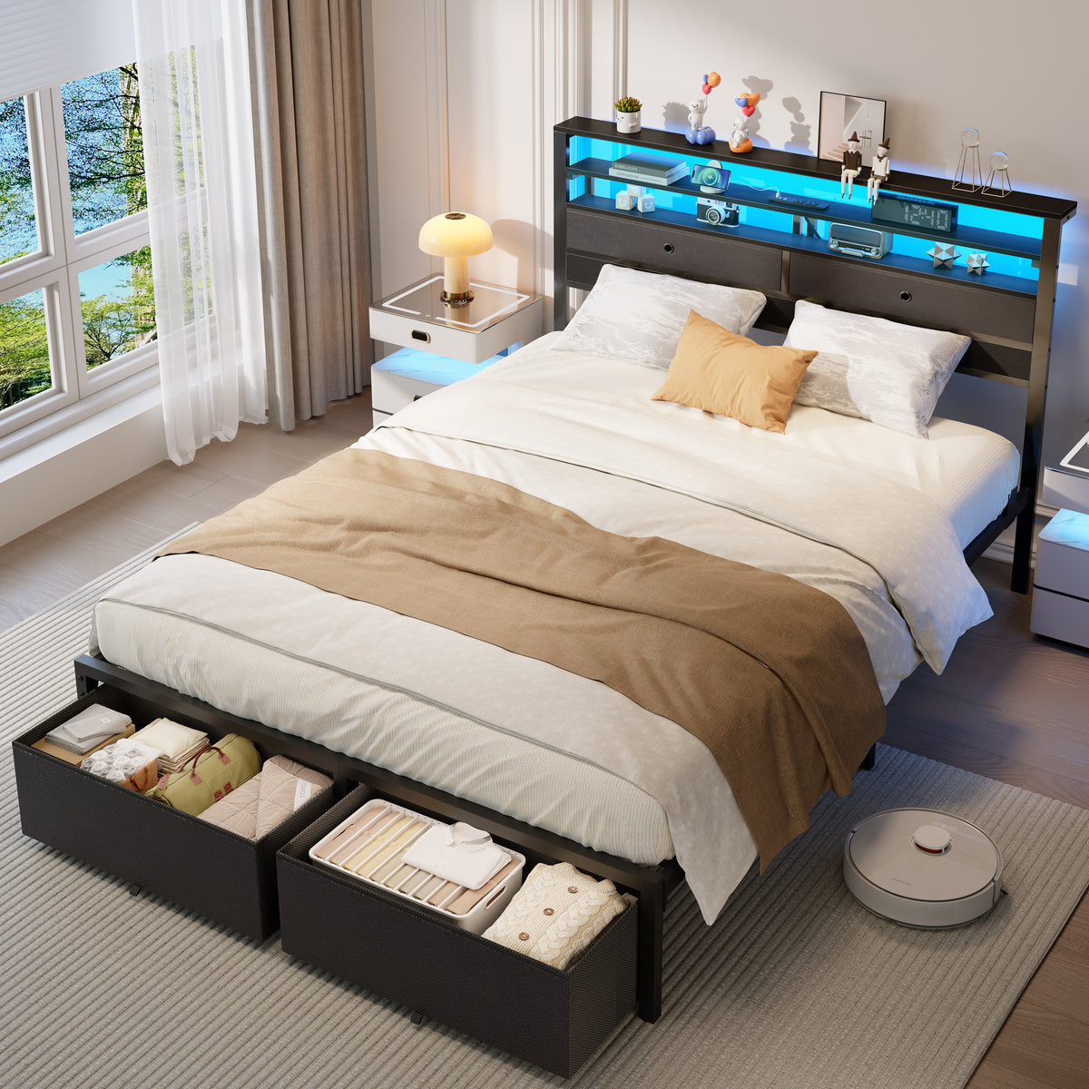 Satifur LED Queen Bed Frame with Storage Headboard and Drawers,Heavy Duty Platform Bed with Charging Station, No Box Spring Needed