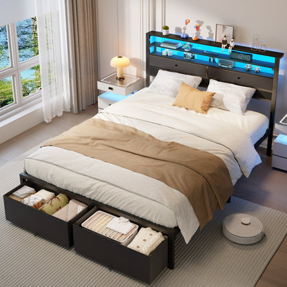 Satifur LED Queen Bed Frame with Storage Headboard and Drawers,Heavy Duty Platform Bed with Charging Station, No Box Spring Needed