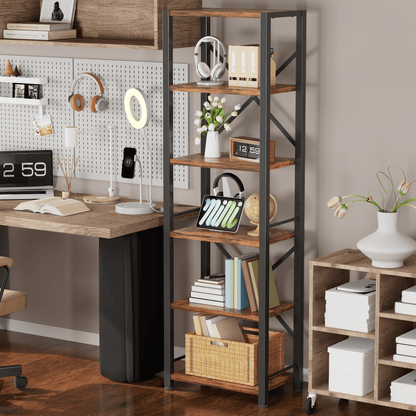 Satifur Bookshelf Bookcase Organizer with 6 Shelves for Living Room Bedroom Kitchen Garage,Rustic Brown