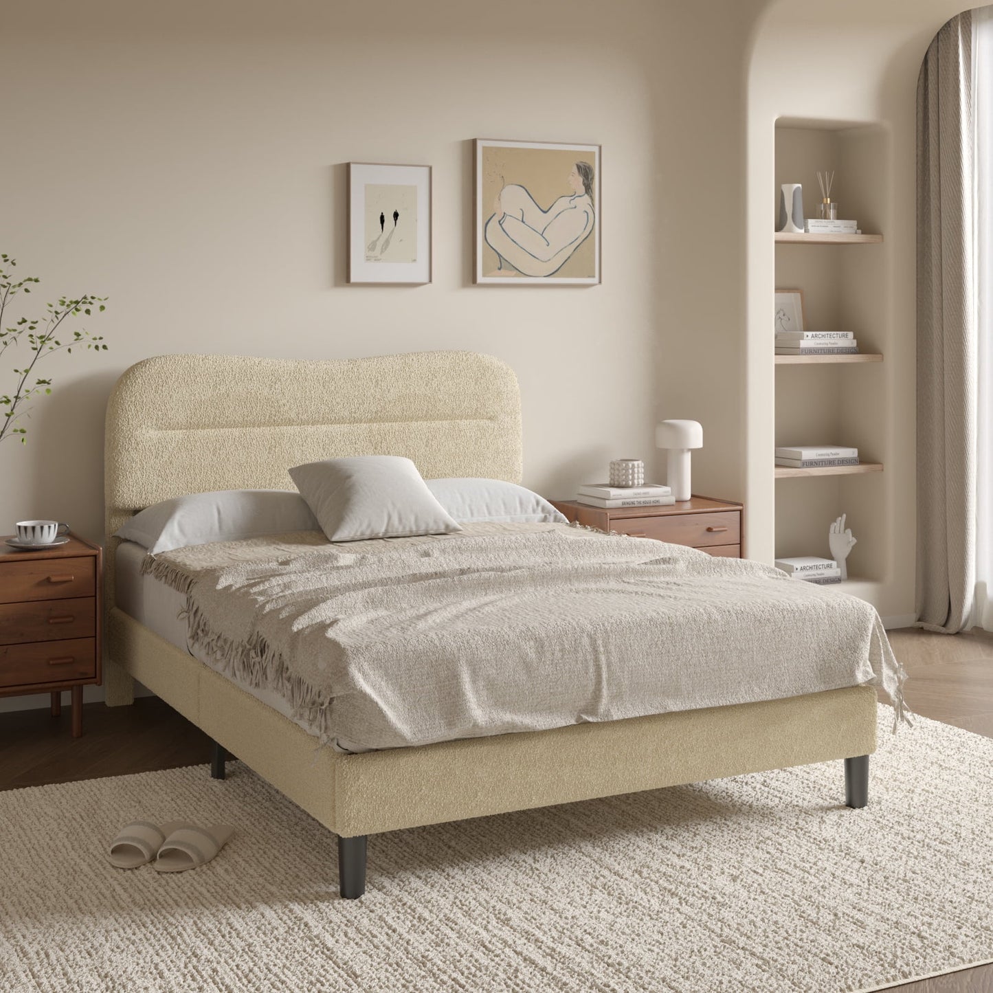 Tydimor Full Bed Frame with Teddy Velvet Soft Curved Headboard, Platform Bed with Wooden Slats Support, Easy Assembly, Noise-Free, Beige