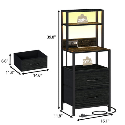 Satifur Tall LED Nightstand,Bedside Table with Charging Station,2 Fabric Drawers & Shelfs for Bedroom Living Room,Black Oak