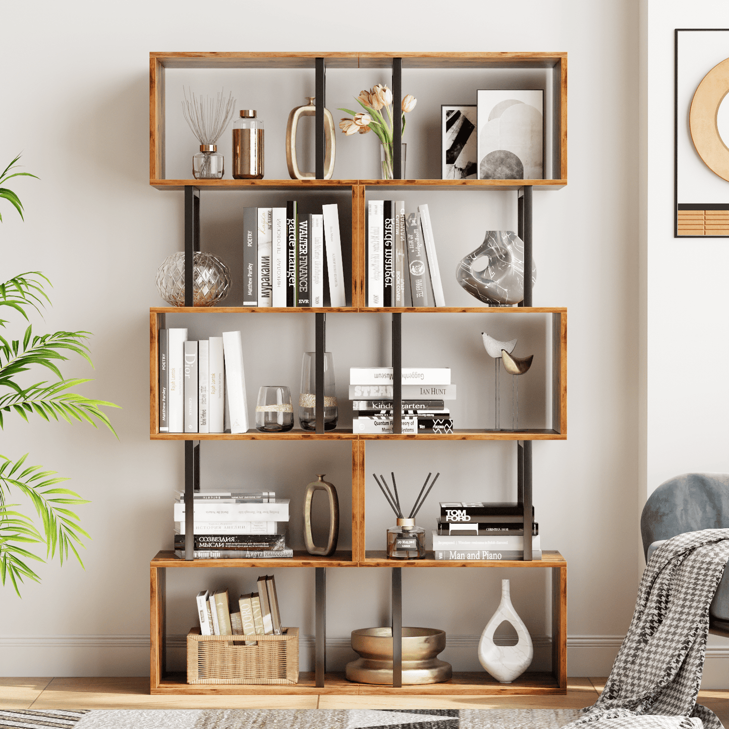 Satifur 5-Tier S-Shaped Geometric Bookcase, Industrial Freestanding Storage Shelving Unit,Rustic Brown