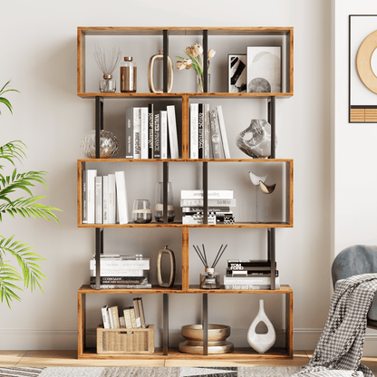 Satifur 5-Tier S-Shaped Geometric Bookcase, Industrial Freestanding Storage Shelving Unit,Rustic Brown