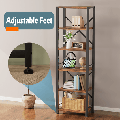 Satifur Bookshelf Bookcase Organizer with 6 Shelves for Living Room Bedroom Kitchen Garage,Rustic Brown