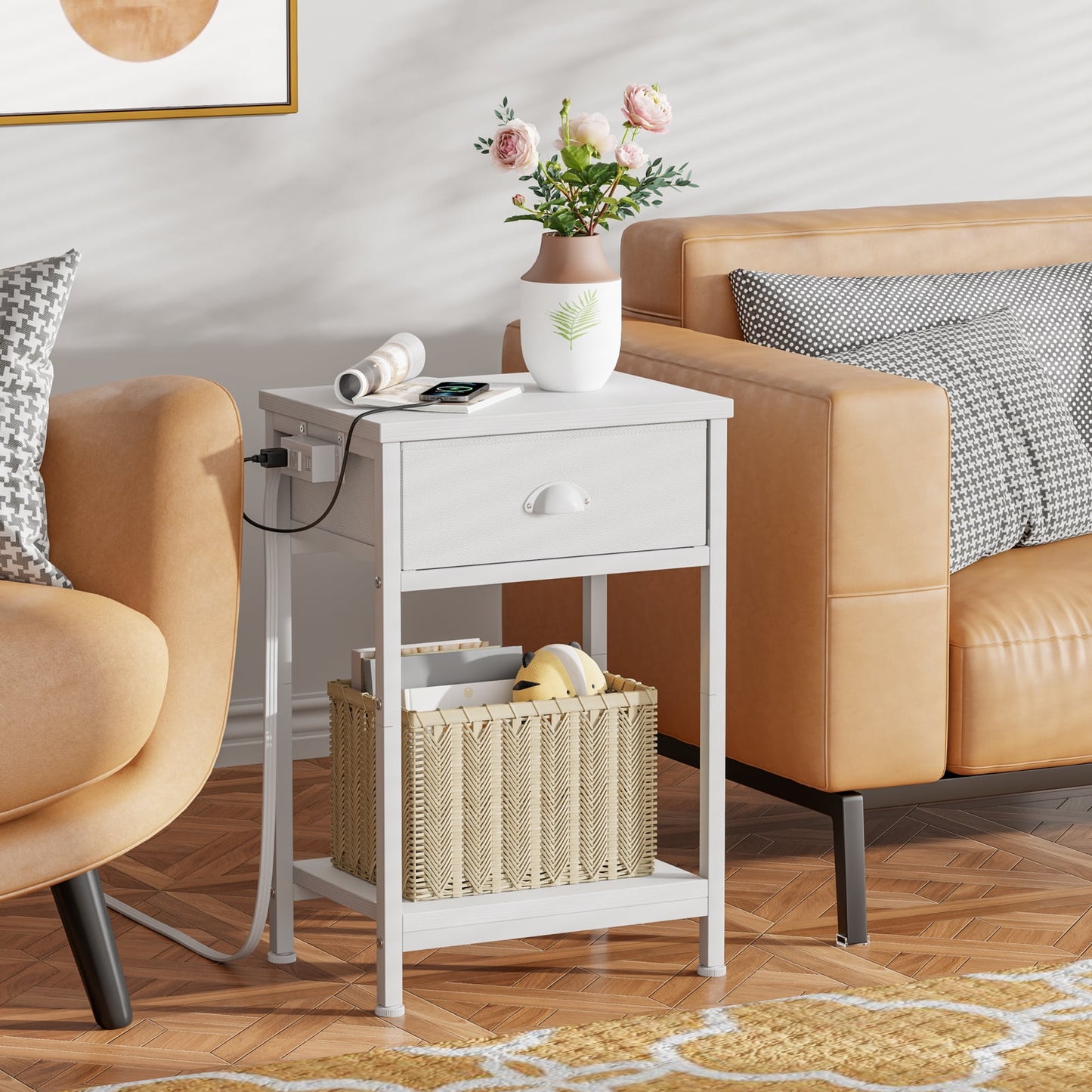 Satifur Nightstand with Charging Station for Bedroom,Side End Table with Outlets & USB Ports,White