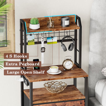 Satifur Tall Nightstand with Hutch, Charging Station, Pegboard & Drawers,Multifunctional Bedside Table with USB Ports, Rustic Brown