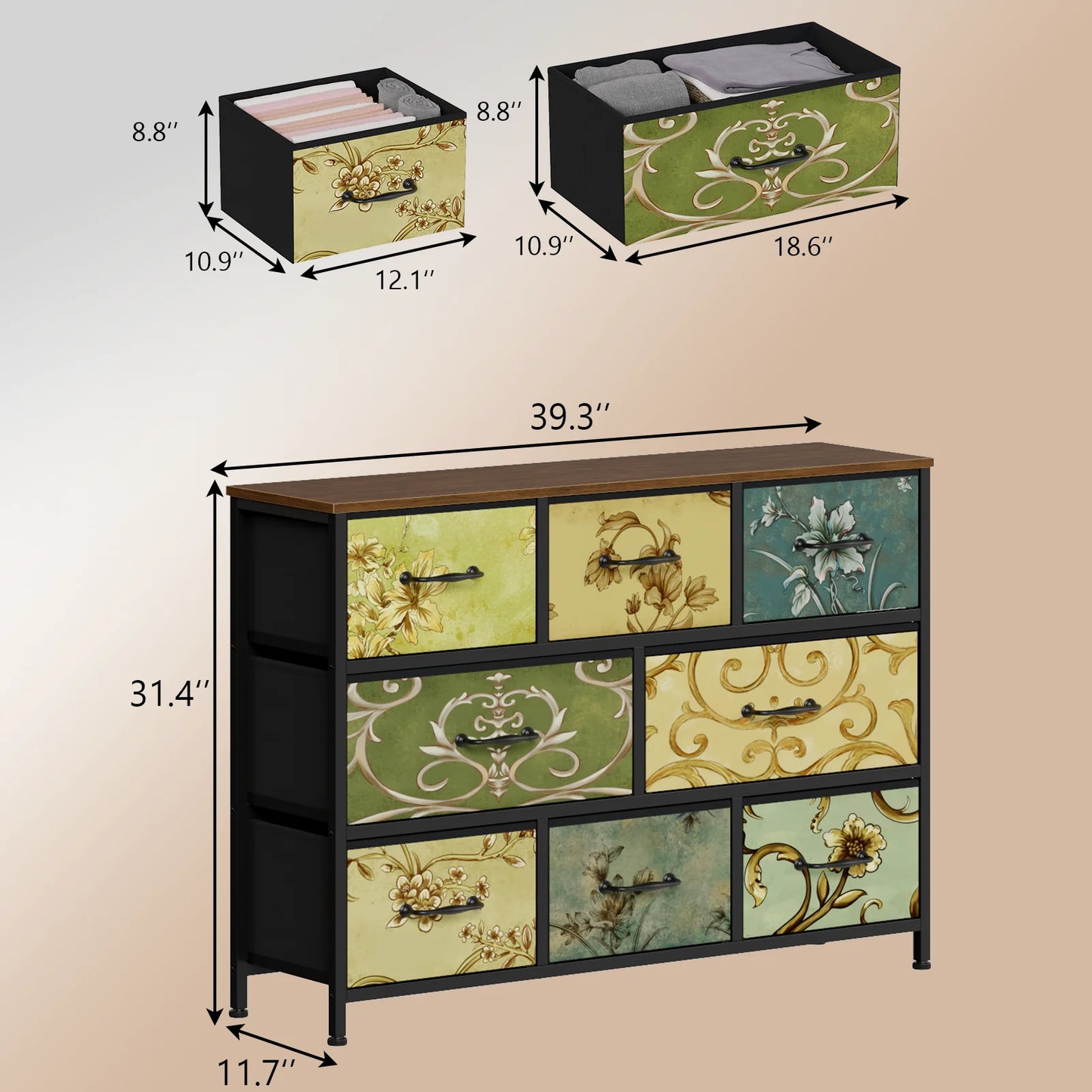 Satifur Console Table 8 Drawer Dresser with Retro Floral Pattern Drawer Dresser for Bedroom Living Room 31.5"H