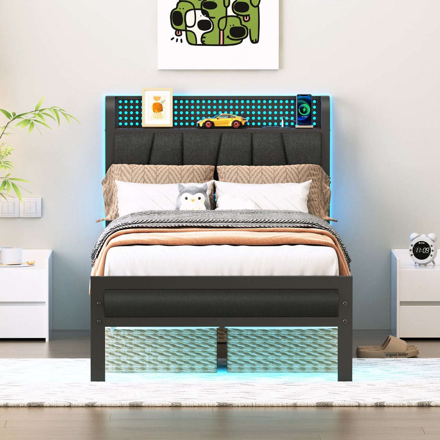 Satifur Twin Bed Frame with Upholstered Storage Headboard, Metal Platform Bed Station with Charging Station & LED, Noise-Free.No Box Spring Needed