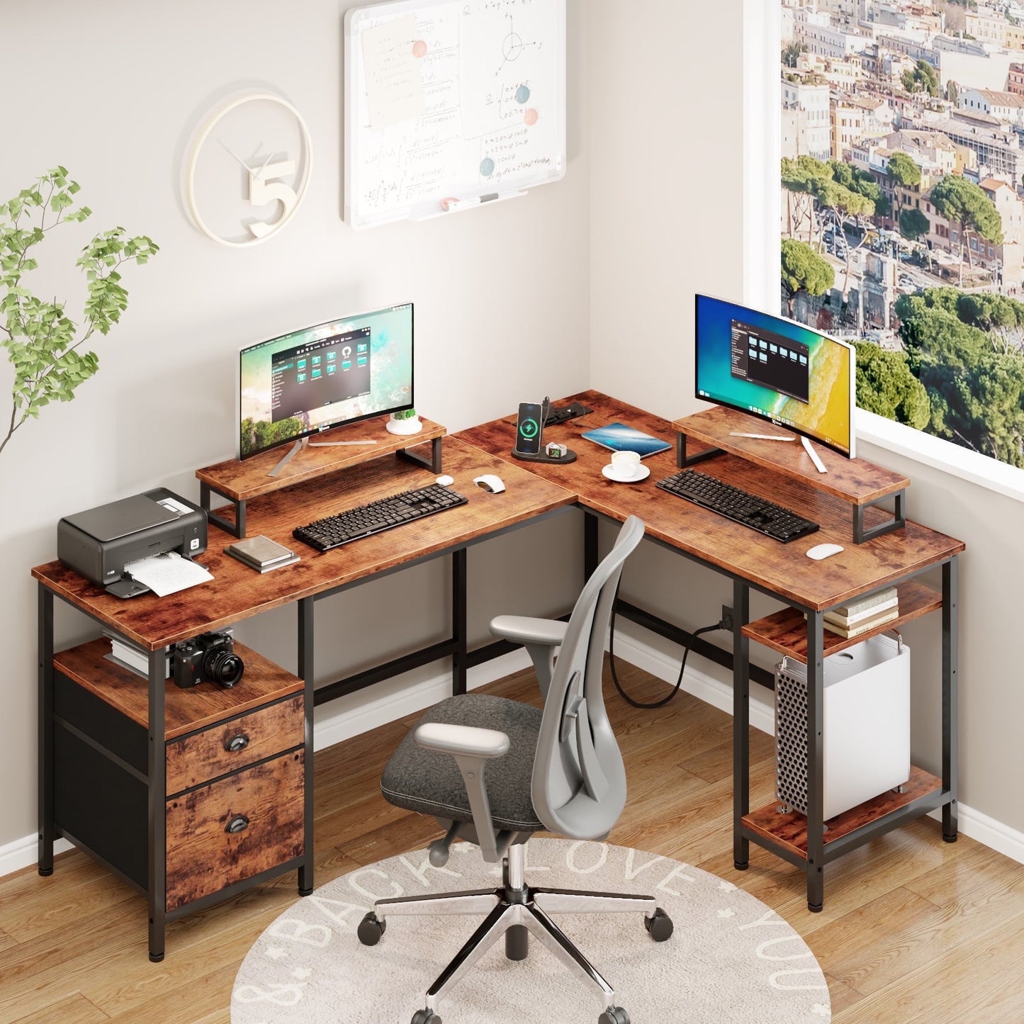 Hexmn Smart Workstation, Computer Desk with Built-In Power Outlets & Dual Monitor Stand for an Efficient Workspace