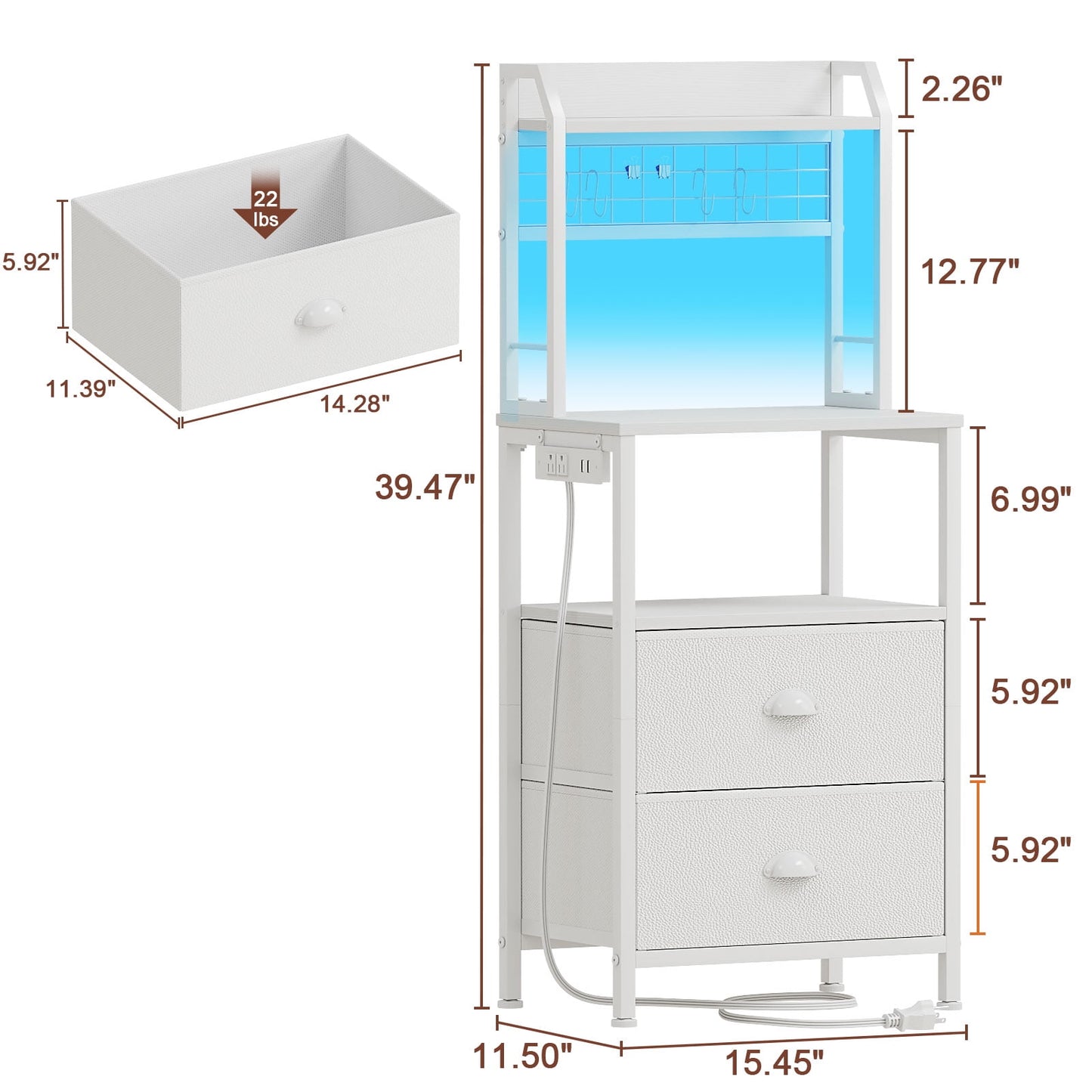 Satifur Tall Nightstand with Hutch, Charging Station, Pegboard & Drawers,Multifunctional Bedside Table with USB Ports,White
